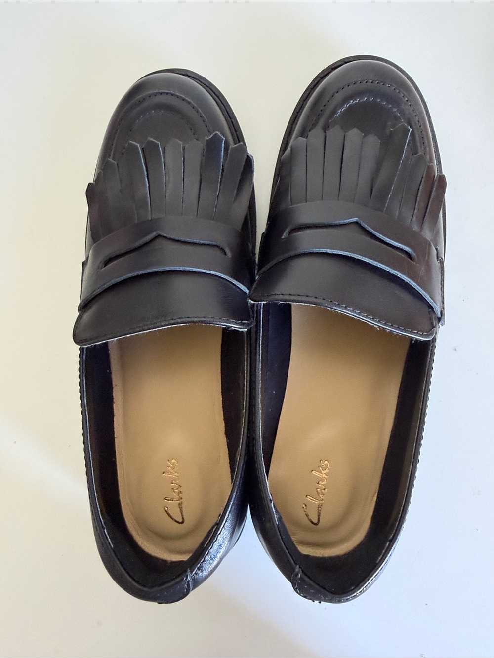 Clarks Black Leather Kiltie Fringe Slip-On Loafers